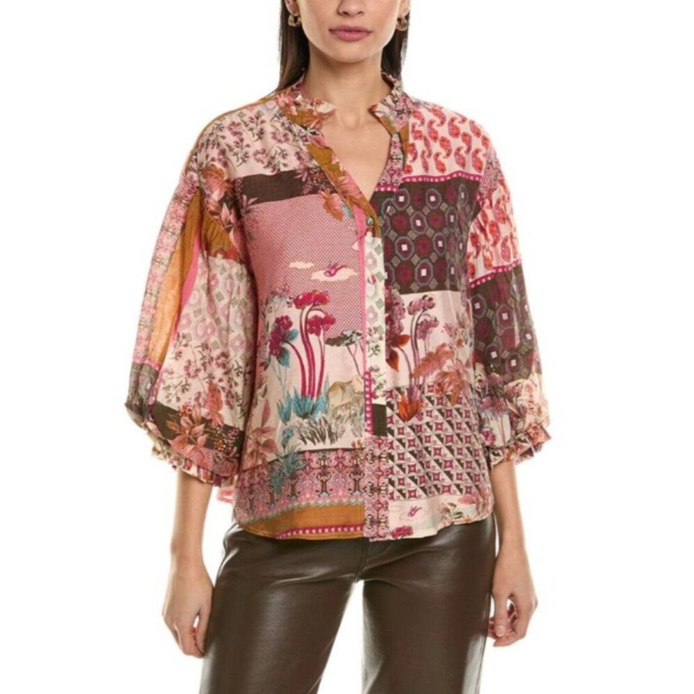 FATE Patchwork Print Bubble Sleeve Blouse Womens Size Medium Boho